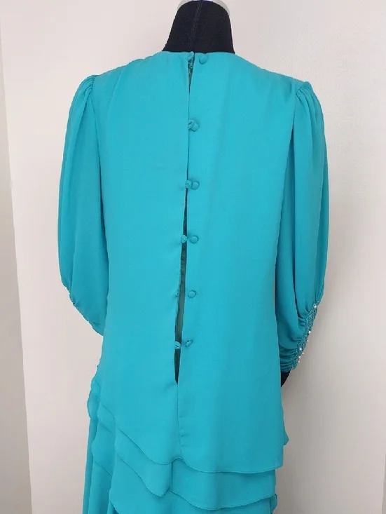 Regina Bianca Vintage 80s Teal Formal Gown Pearl Beaded Cuffs Size 14 - Picture 3 of 12